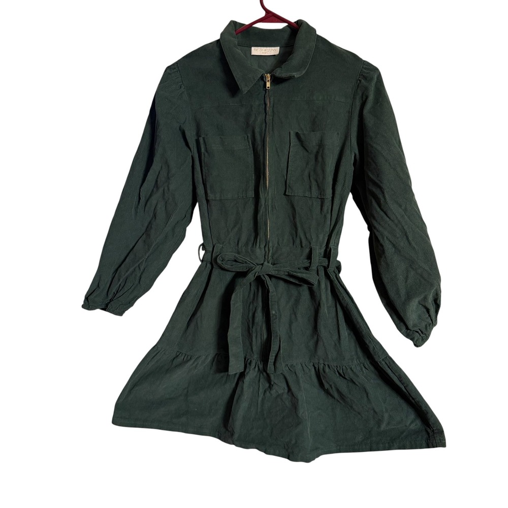 Smith & Quinn Dark Green Corduroy Zip Front Mini Dress Small Long Sleeve Utility